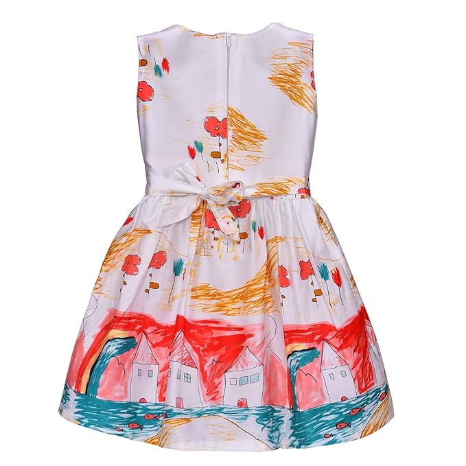 Girls Printed Cotton Party Wear Dress with Floral Waist Belt & Bow Detail