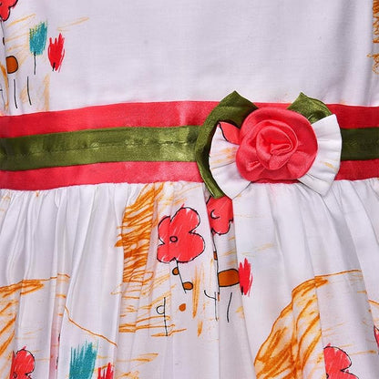 Girls Printed Cotton Party Wear Dress with Floral Waist Belt & Bow Detail