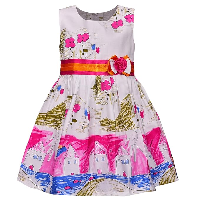 Girls Printed Cotton Party Wear Dress with Floral Waist Belt & Bow Detail