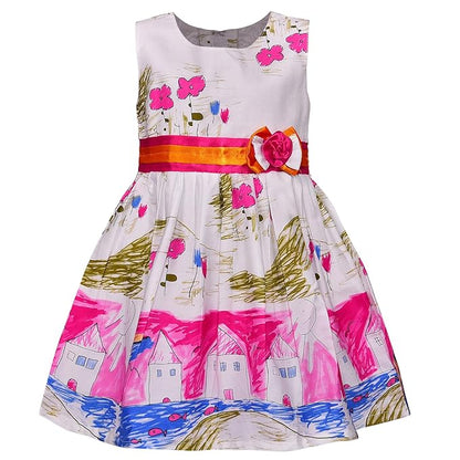 Girls Printed Cotton Party Wear Dress with Floral Waist Belt & Bow Detail