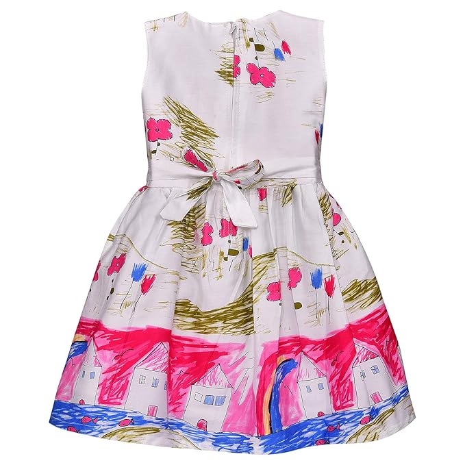 Girls Printed Cotton Party Wear Dress with Floral Waist Belt & Bow Detail