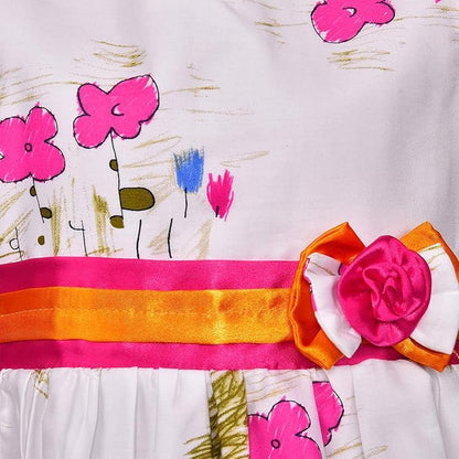 Girls Printed Cotton Party Wear Dress with Floral Waist Belt & Bow Detail