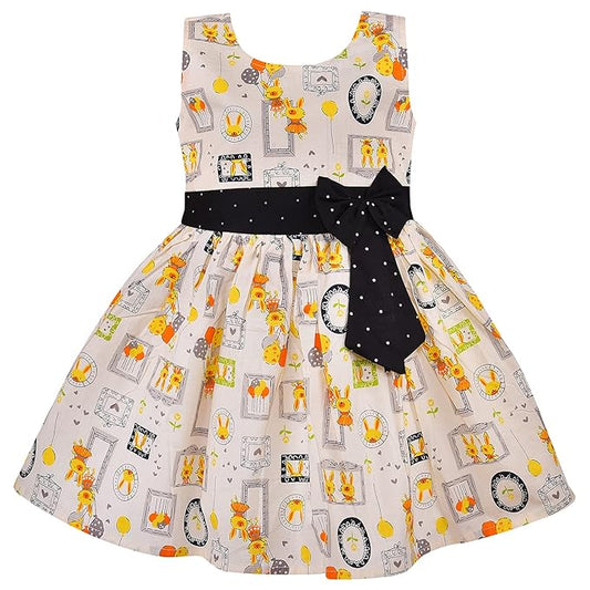 Girls Printed Sleeveless Party Dress with Black Waist Bow