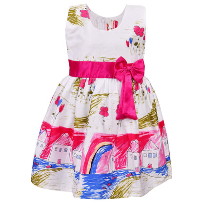 Girls White Printed Cotton Party Dress with Pink Satin Waist Bow
