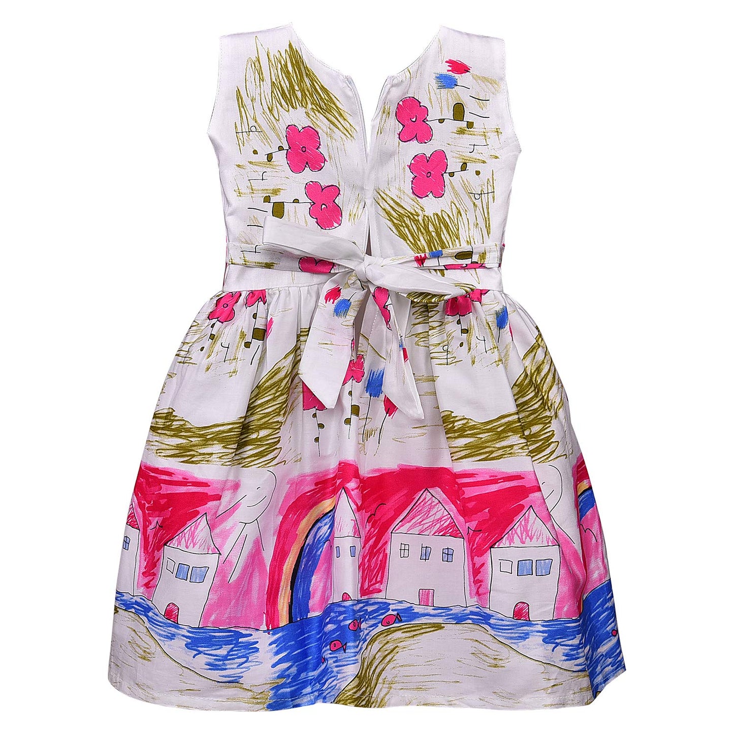 Girls White Printed Cotton Party Dress with Pink Satin Waist Bow