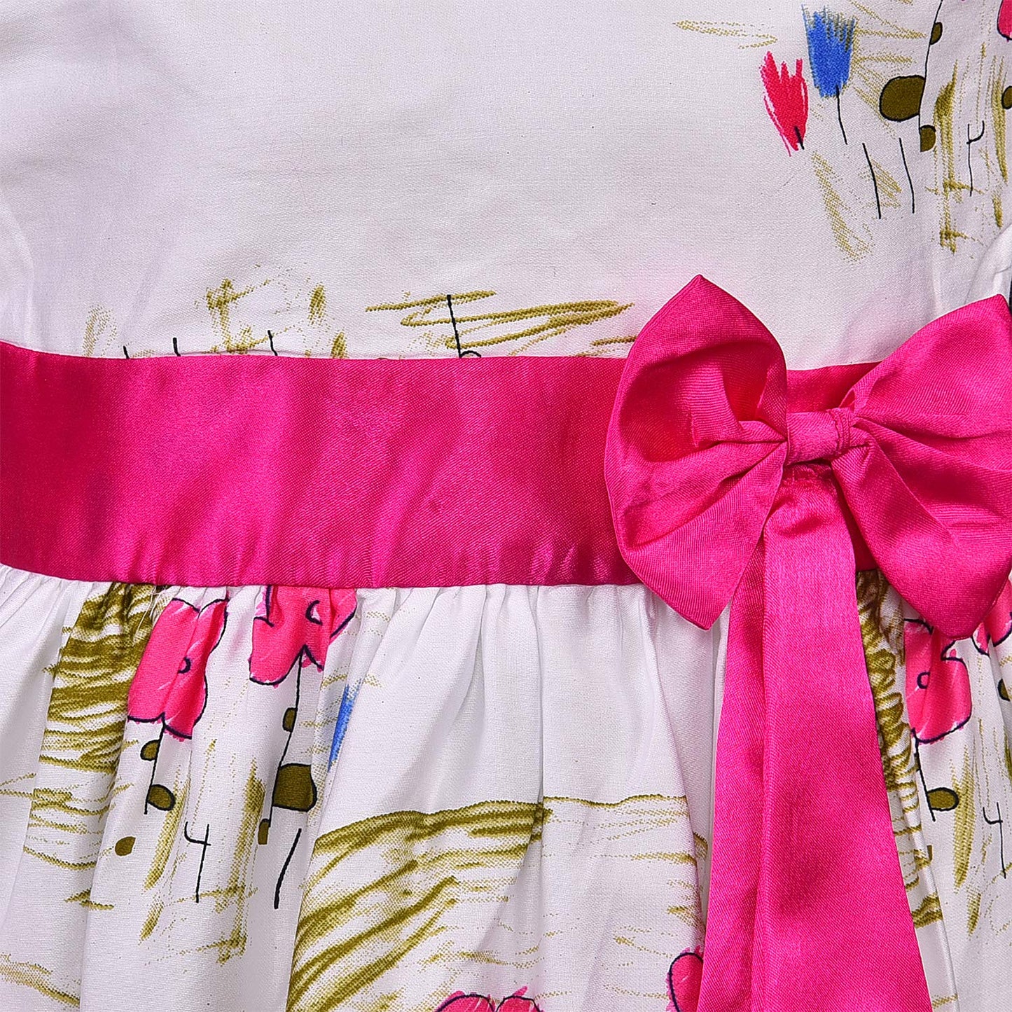 Girls White Printed Cotton Party Dress with Pink Satin Waist Bow