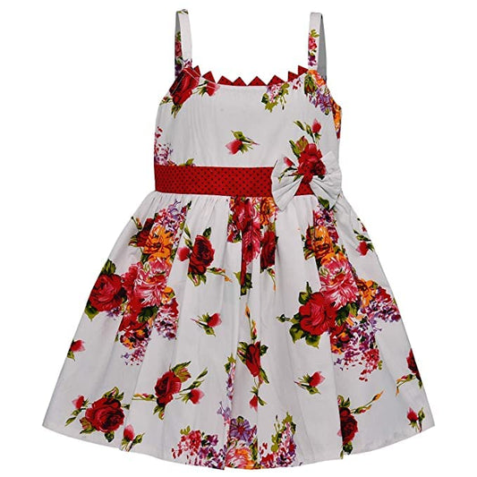 Girls White Floral Print Sleeveless Party Dress with Red Waist Bow