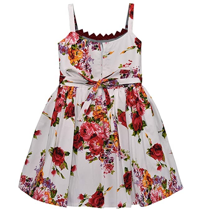 Girls White Floral Print Sleeveless Party Dress with Red Waist Bow