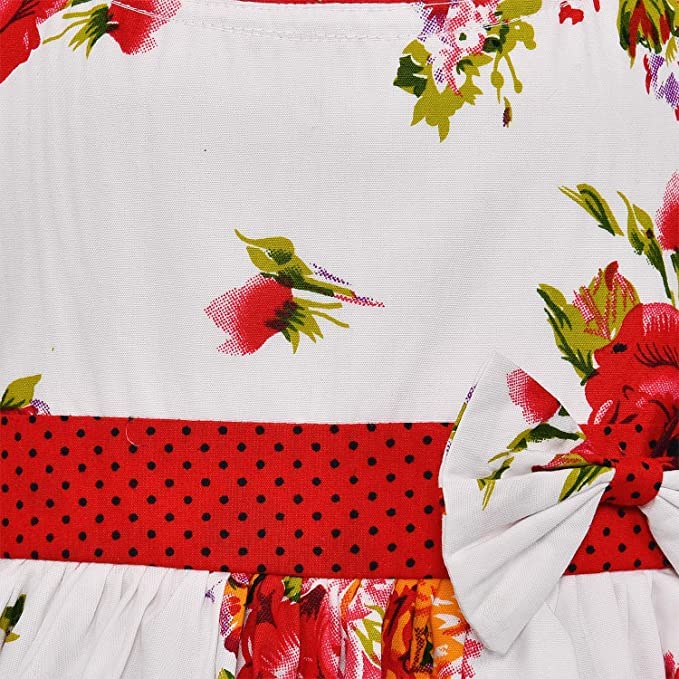 Girls White Floral Print Sleeveless Party Dress with Red Waist Bow