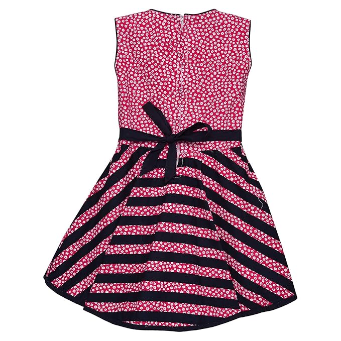 Girls Floral Printed Cotton Sleeveless Dress with Navy Striped Flared Skirt