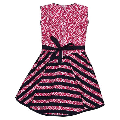 Girls Floral Printed Cotton Sleeveless Dress with Navy Striped Flared Skirt