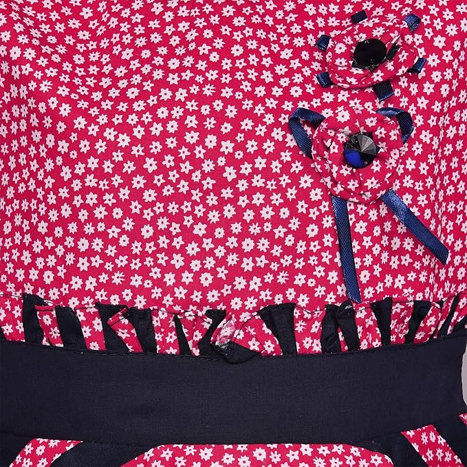 Girls Floral Printed Cotton Sleeveless Dress with Navy Striped Flared Skirt