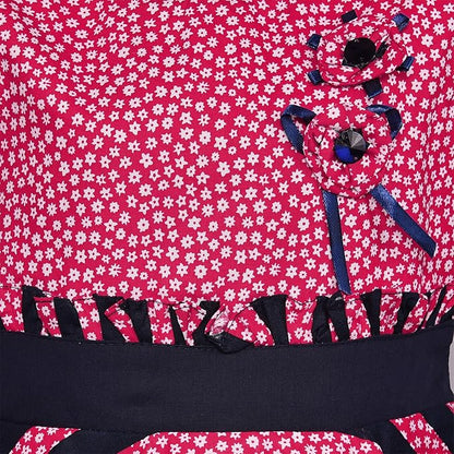 Girls Floral Printed Cotton Sleeveless Dress with Navy Striped Flared Skirt