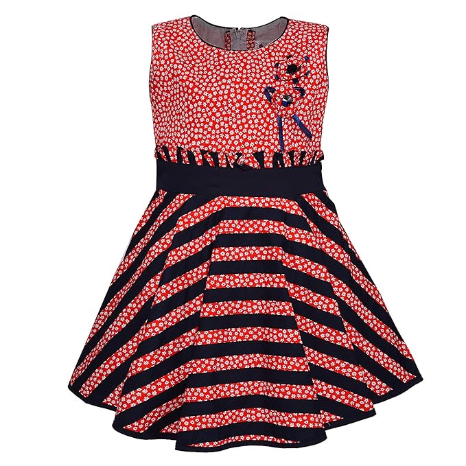 Girls Floral Printed Cotton Sleeveless Dress with Navy Striped Flared Skirt