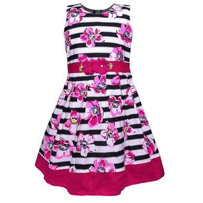 Girls Striped Floral Printed Cotton Dress with Waist Flower Belt