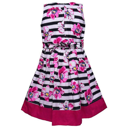 Girls Striped Floral Printed Cotton Dress with Waist Flower Belt