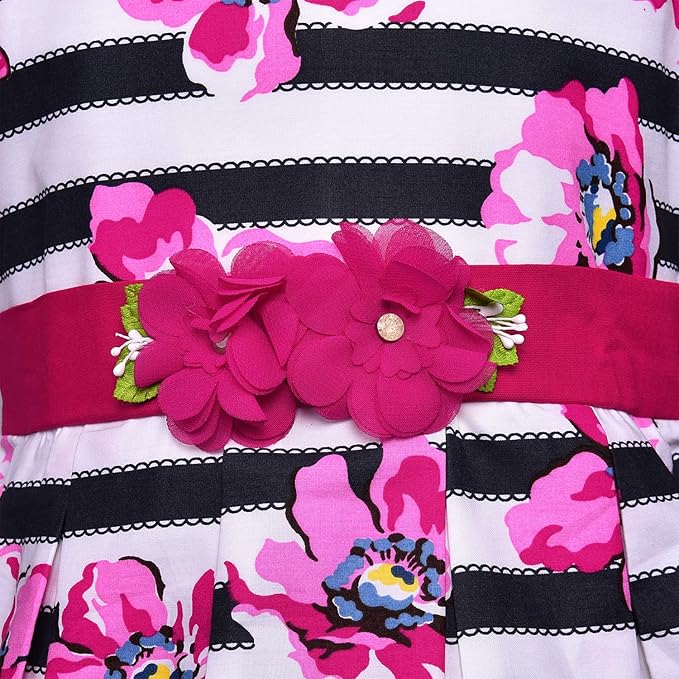 Girls Striped Floral Printed Cotton Dress with Waist Flower Belt