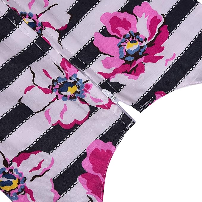 Girls Striped Floral Printed Cotton Dress with Waist Flower Belt