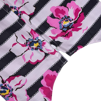 Girls Striped Floral Printed Cotton Dress with Waist Flower Belt