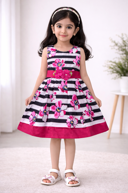Girls Striped Floral Printed Cotton Dress with Waist Flower Belt