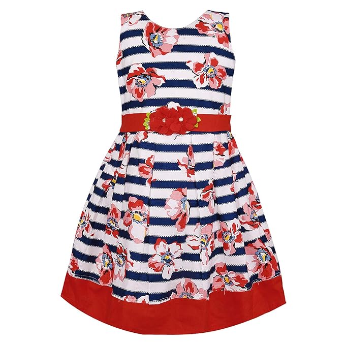 Girls Striped Floral Printed Cotton Dress with Waist Flower Belt