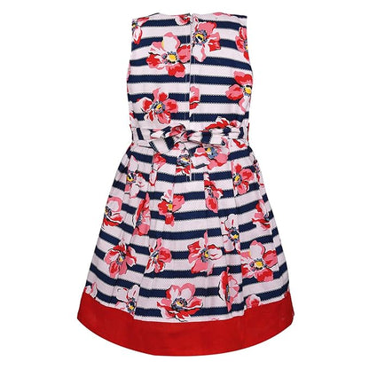 Girls Striped Floral Printed Cotton Dress with Waist Flower Belt