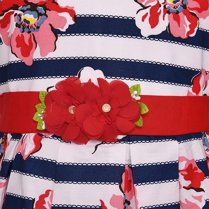 Girls Striped Floral Printed Cotton Dress with Waist Flower Belt