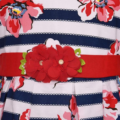 Girls Striped Floral Printed Cotton Dress with Waist Flower Belt