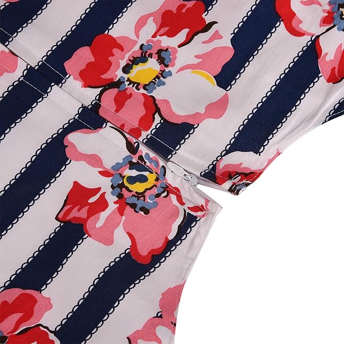 Girls Striped Floral Printed Cotton Dress with Waist Flower Belt