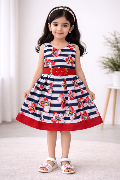 Girls Striped Floral Printed Cotton Dress with Waist Flower Belt