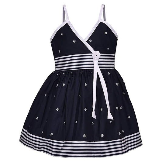 Navy Blue Cotton Girls Dress with White Stripes and Tie Waist