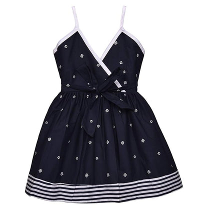 Navy Blue Cotton Girls Dress with White Stripes and Tie Waist