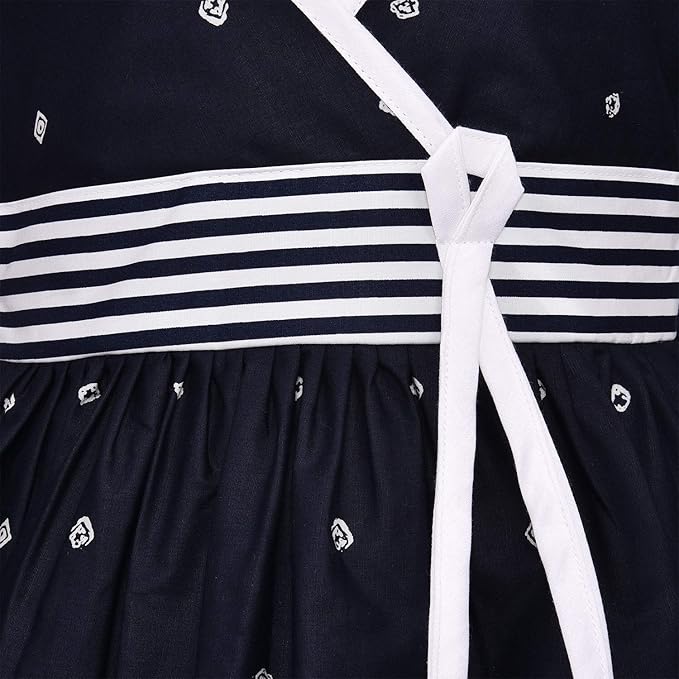 Navy Blue Cotton Girls Dress with White Stripes and Tie Waist
