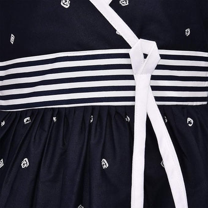 Navy Blue Cotton Girls Dress with White Stripes and Tie Waist
