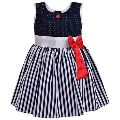 Girls Polka Dot & Striped Cotton Party Wear Dress with Bow Detail