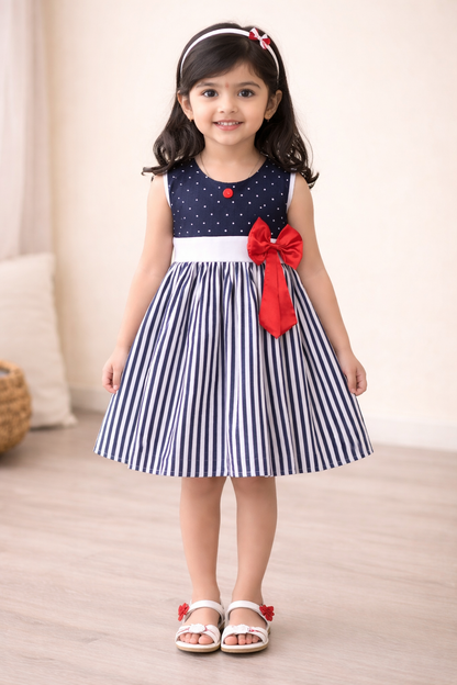Girls Polka Dot & Striped Cotton Party Wear Dress with Bow Detail