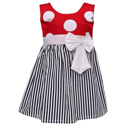Girls Polka Dot & Striped Cotton Party Wear Dress with Bow Detail