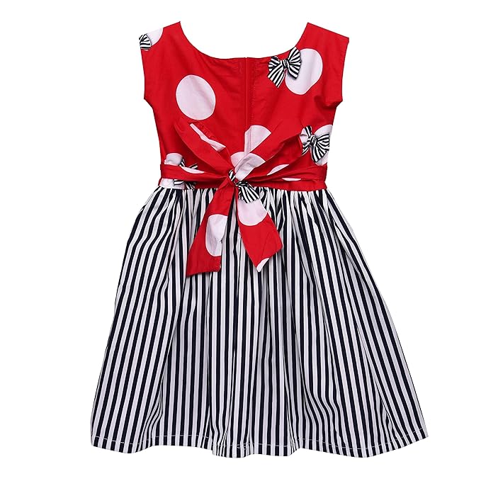 Girls Polka Dot & Striped Cotton Party Wear Dress with Bow Detail