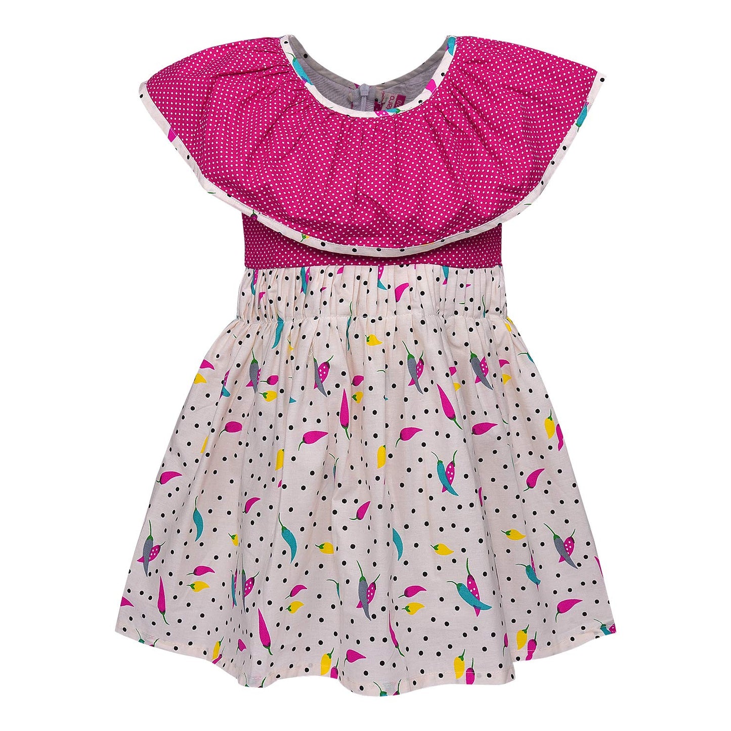 Girls Polka Dot Cotton One-Shoulder Dress with Ruffle Neckline
