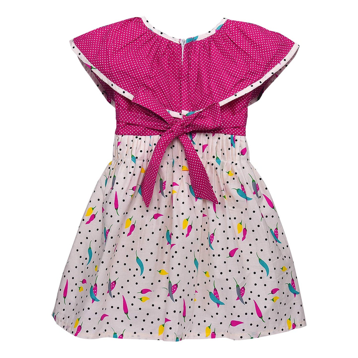 Girls Polka Dot Cotton One-Shoulder Dress with Ruffle Neckline