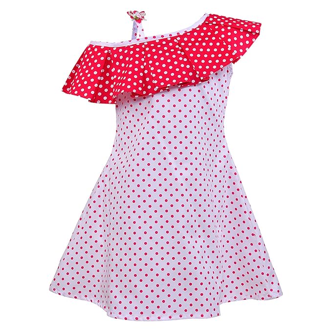 Girls Polka Dot Cotton One-Shoulder Dress with Ruffle Neckline