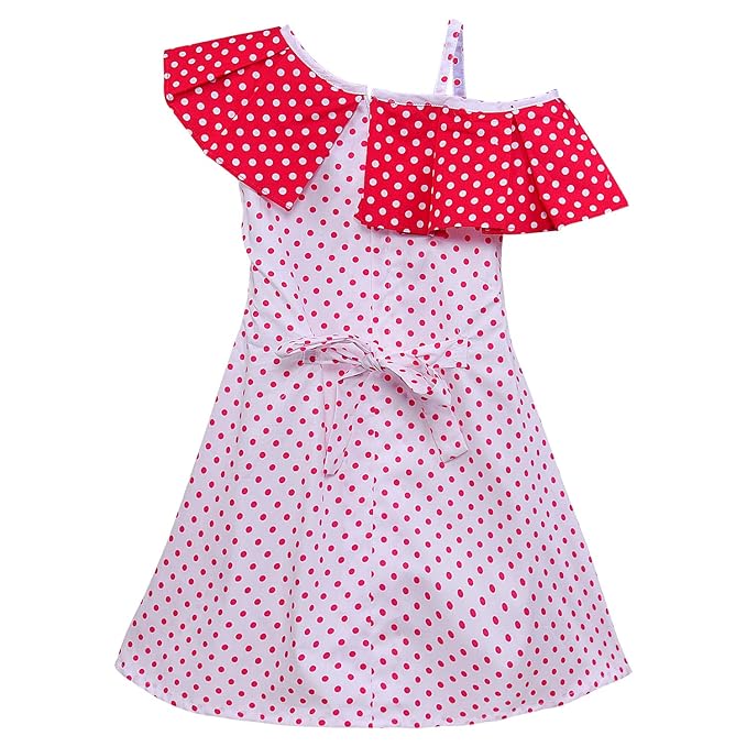 Girls Polka Dot Cotton One-Shoulder Dress with Ruffle Neckline