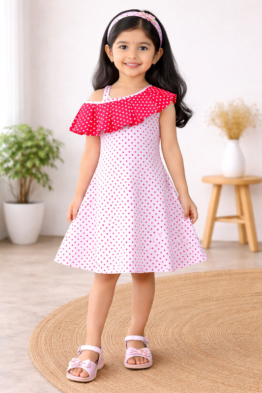 Girls Polka Dot Cotton One-Shoulder Dress with Ruffle Neckline