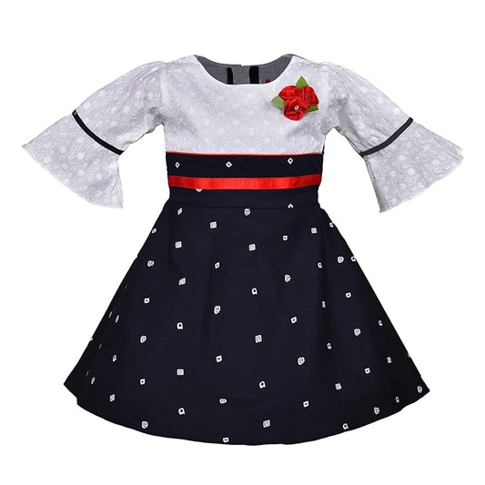 Girls White & Navy Blue Cotton Printed Dress with Bell Sleeves and Floral Detail | Soft & Breathable Kids Casual Party Dress