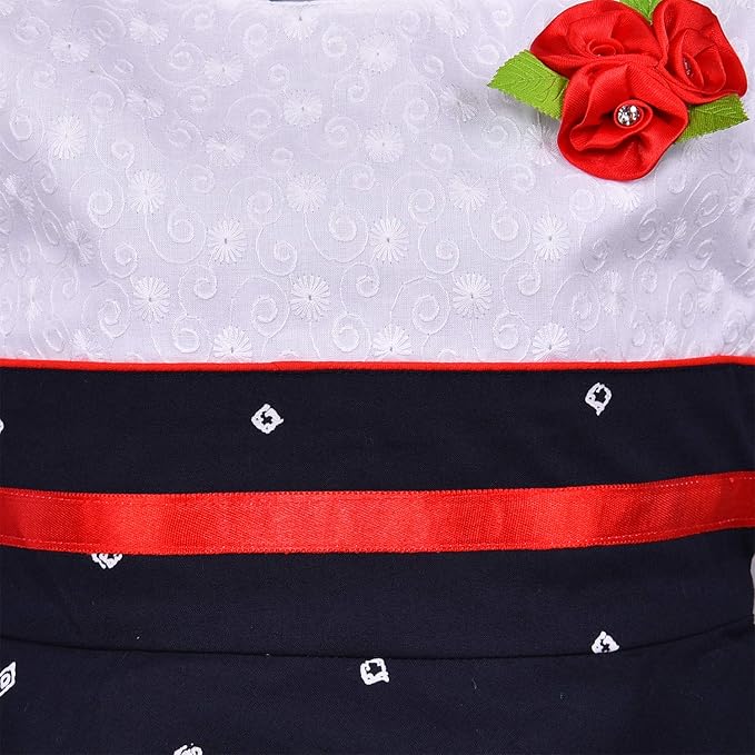 Girls White & Navy Blue Cotton Printed Dress with Bell Sleeves and Floral Detail | Soft & Breathable Kids Casual Party Dress