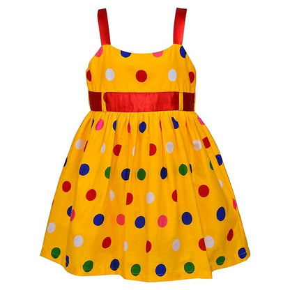 Girls Yellow Polka Dot Cotton Party Dress with Red Waist Belt