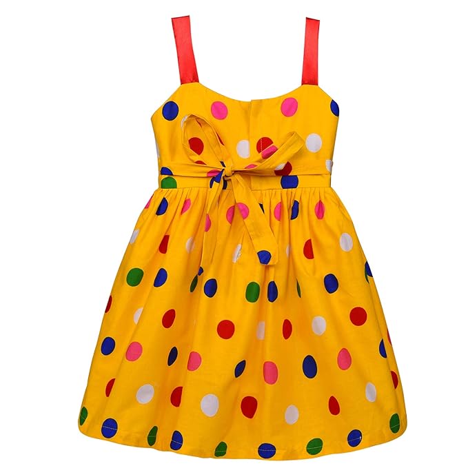 Girls Yellow Polka Dot Cotton Party Dress with Red Waist Belt