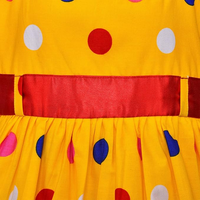 Girls Yellow Polka Dot Cotton Party Dress with Red Waist Belt
