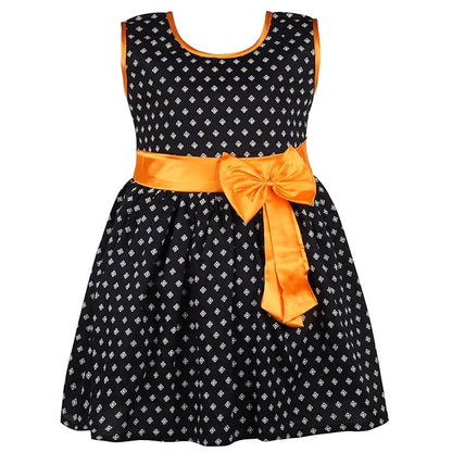 Girls Printed Cotton Party Wear Dress with Contrast Waist Bow
