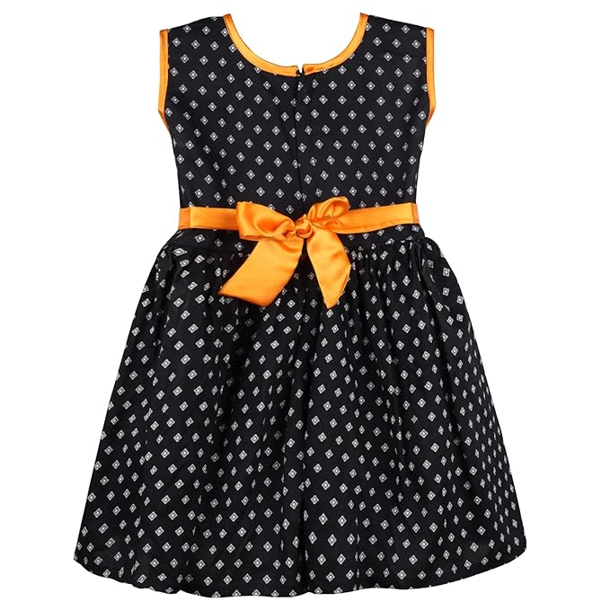 Girls Printed Cotton Party Wear Dress with Contrast Waist Bow